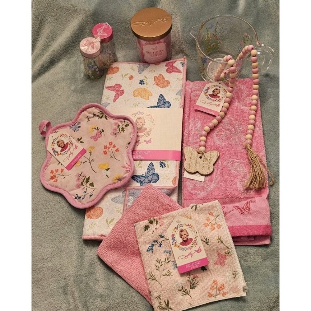 Dolly Parton 10pc Pink Spring Collection Dish Towel & Cloths, Candle, S&P & More